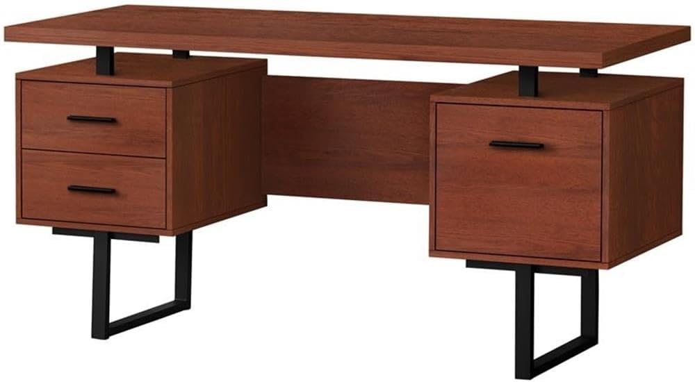 Contemporary Wooden Floating Desktop Computer Desk in Cherry and Black