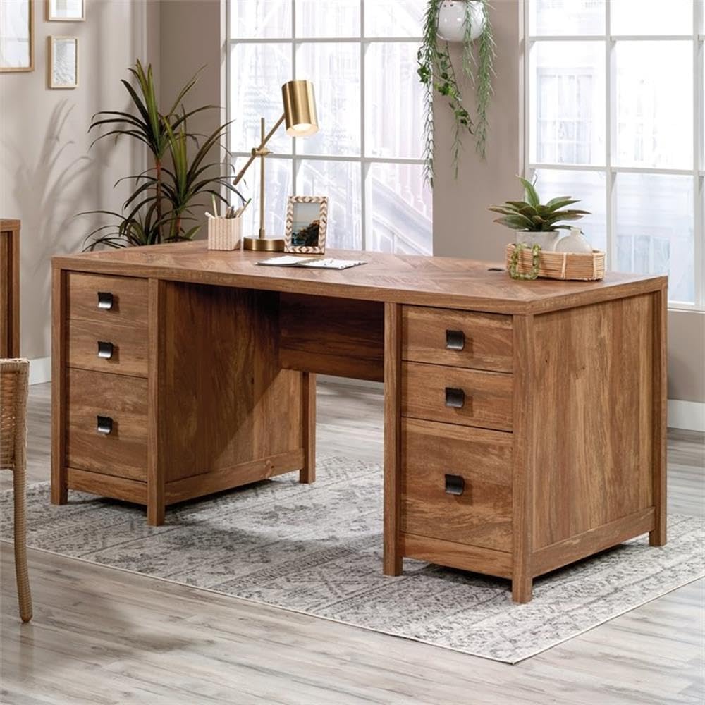 6-Drawer Farmhouse Engineered Wood Executive Desk in Brown