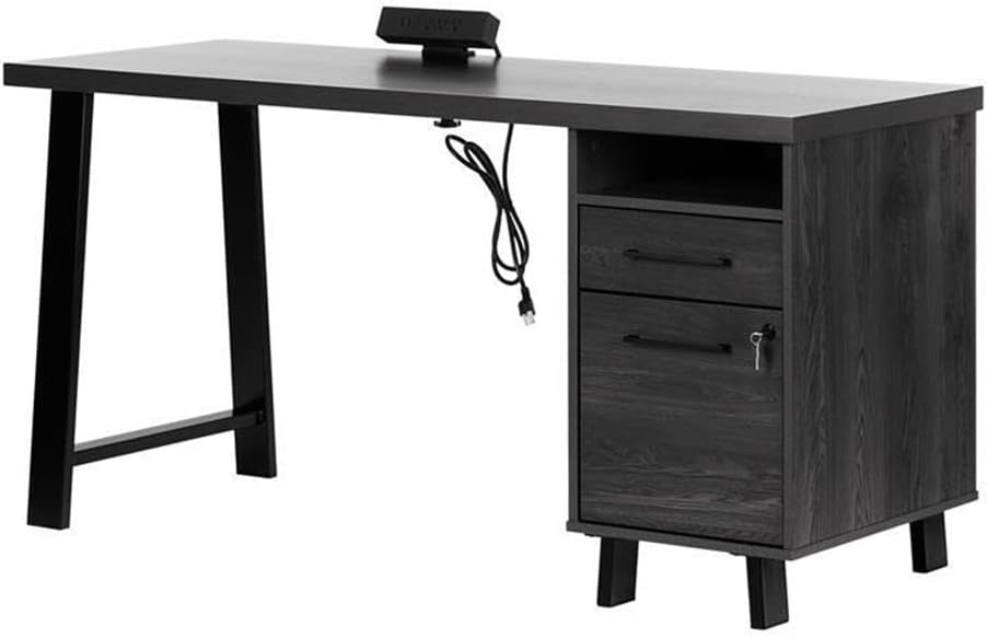Wood Computer Desk with USB Ports, Writing Table with Storage Shelves