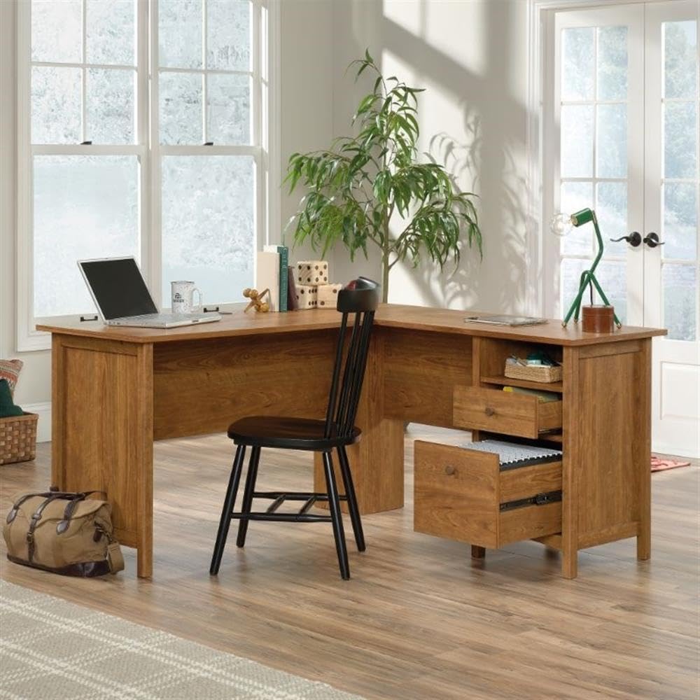 Traditional Engineered Wood L-Desk in Prairie Cherry Finish Visit the UrbanPro Store