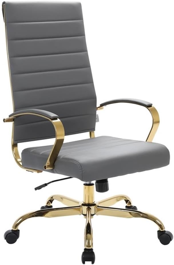 High-Back Leather Office Chair with Gold Frame in Gray