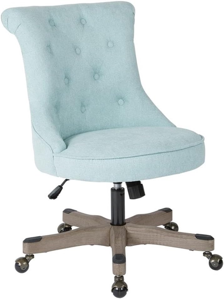 Tufted Office Chair in Mint Blue Fabric with Grey Wood Base